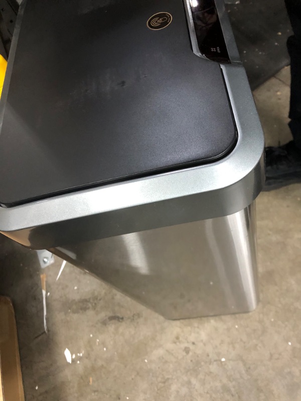 Photo 6 of **MAJOR DENT**
EKO Mirage-T 50 Liter / 13.2 Gallon Touchless Rectangular Motion Sensor Trash Can, Brushed Stainless Steel Finish