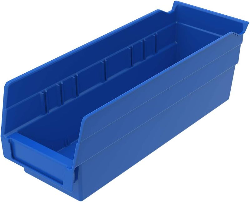 Photo 1 of Akro-Mils 30120 Plastic Nesting Shelf Bin Box, (12-Inch x 4-Inch x 4-Inch), Blue, (24-Pack) & 40120 Crosswise Width Plastic Divider for 30120, 30128, 30124 Shelf Bin Storage Bins, Black, (24-Pack) Blue Bin Box + Plastic Divider