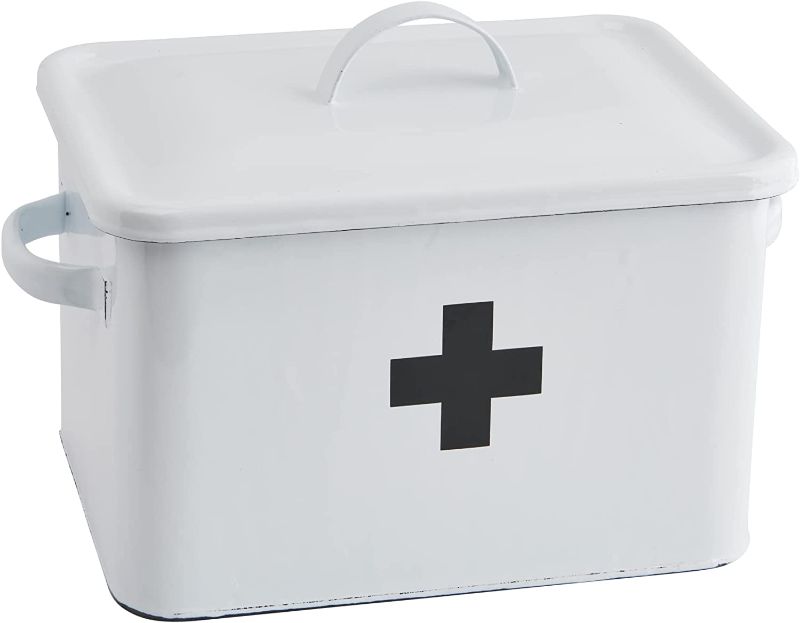 Photo 1 of **SEE NOTE** Vintage Decorative Enameled First Aid Box with Lid and Swiss Cross, White and Black
