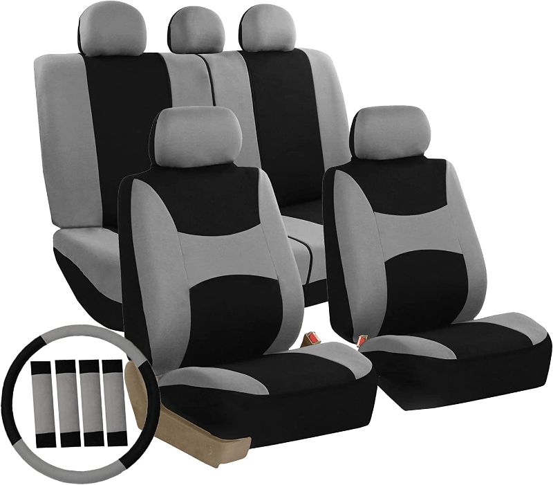 Photo 1 of Automotive Seat Covers Gray Black Universal Fit Combo Set with Steering Wheel Cover and Seat Belt Pad fits most Cars, SUVs, and Trucks FH Group FB030GRAYBLACK115-COMBO
