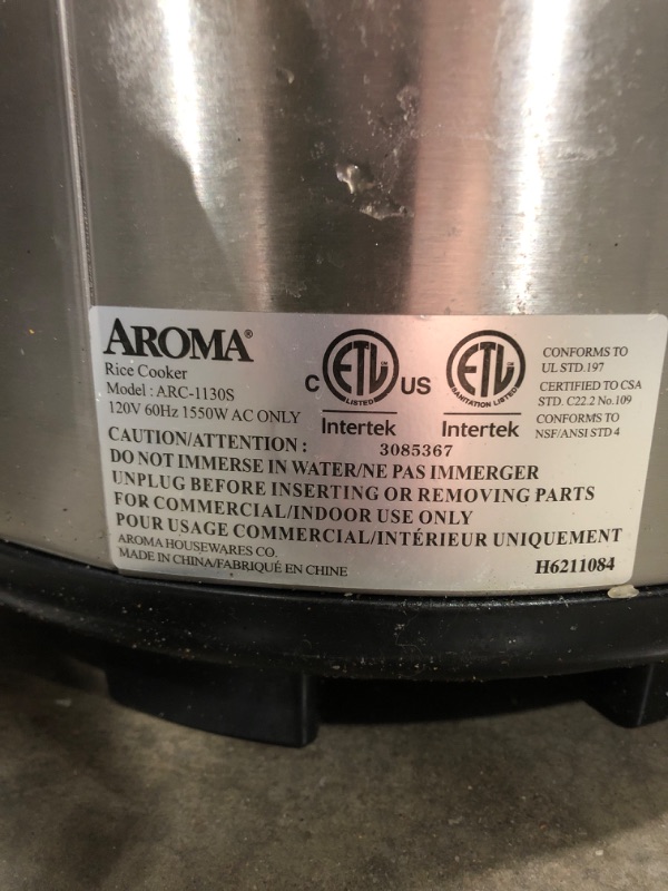 Photo 5 of ****MAJOR DAMAGE/TESTED***Aroma Housewares 60-Cup (Cooked) (30-Cup UNCOOKED) Commercial Rice Cooker, Stainless Steel Exterior (ARC-1130S)