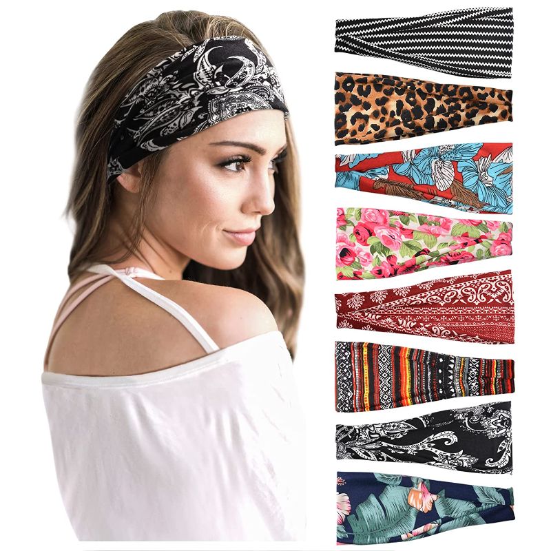 Photo 1 of 8 PCS Headbands For Women Boho Wide Elastic Hairband Workout Yoga Exercise Sweat Wicking Non Slip Hair Wrap Hair Accessories
