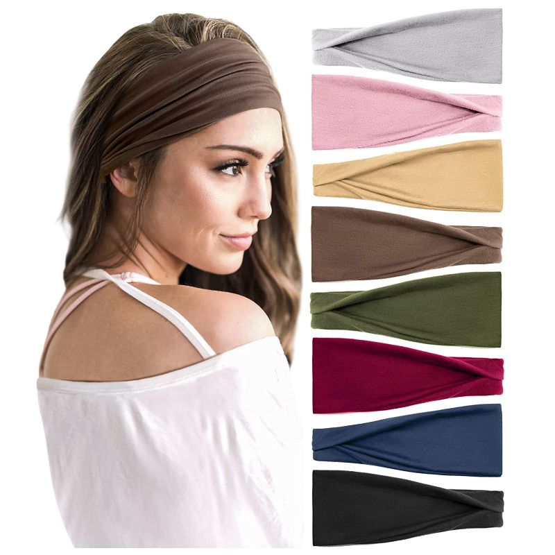 Photo 1 of 8 PCS Headbands For Women Solid Color Wide Elastic Hairband Workout Yoga Exercise Sweat Wicking Non Slip Head Wrap Hair Accessories
