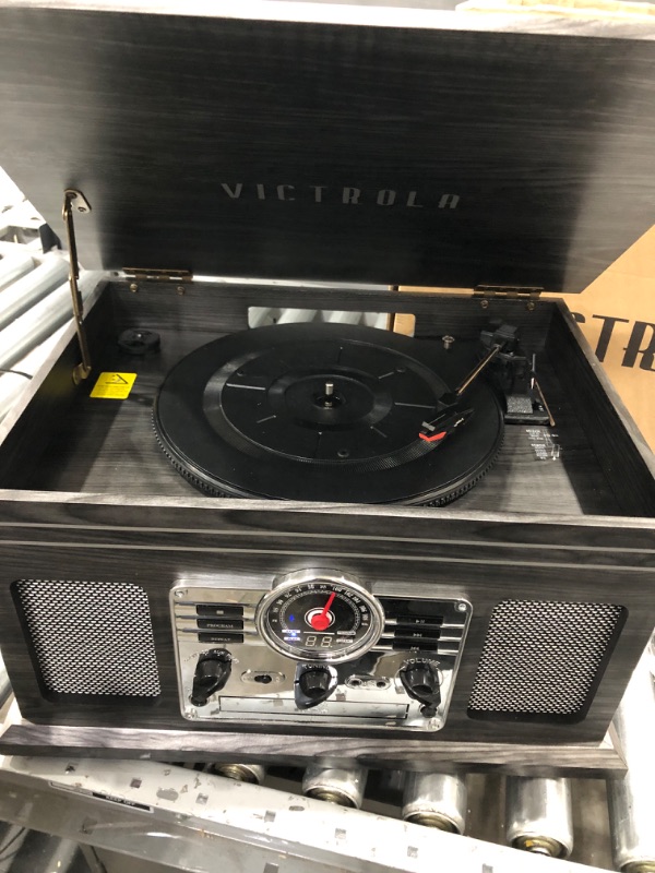 Photo 2 of Victrola Nostalgic 6-in-1 Bluetooth Record Player & Multimedia Center with Built-in Speakers - 3-Speed Turntable, CD & Cassette Player, AM/FM Radio | Wireless Music Streaming | Grey Grey Entertainment Center