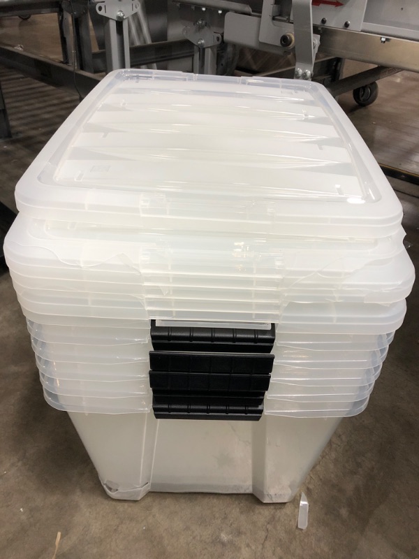 Photo 2 of ***MAJOR DAMAGE/SEE PHOTOS***IRIS USA 53 Qt. Plastic Storage Bin Tote Organizing Container with Durable Lid and Secure Latching Buckles, Stackable and Nestable, 6 Pack, clear with Black Buckle f) 53 Qt. - 6 Pack