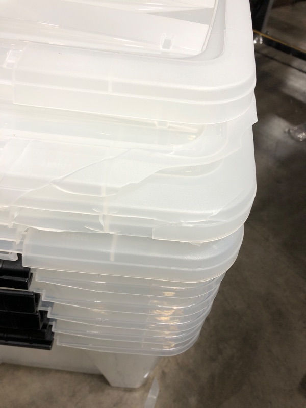 Photo 3 of ***MAJOR DAMAGE/SEE PHOTOS***IRIS USA 53 Qt. Plastic Storage Bin Tote Organizing Container with Durable Lid and Secure Latching Buckles, Stackable and Nestable, 6 Pack, clear with Black Buckle f) 53 Qt. - 6 Pack