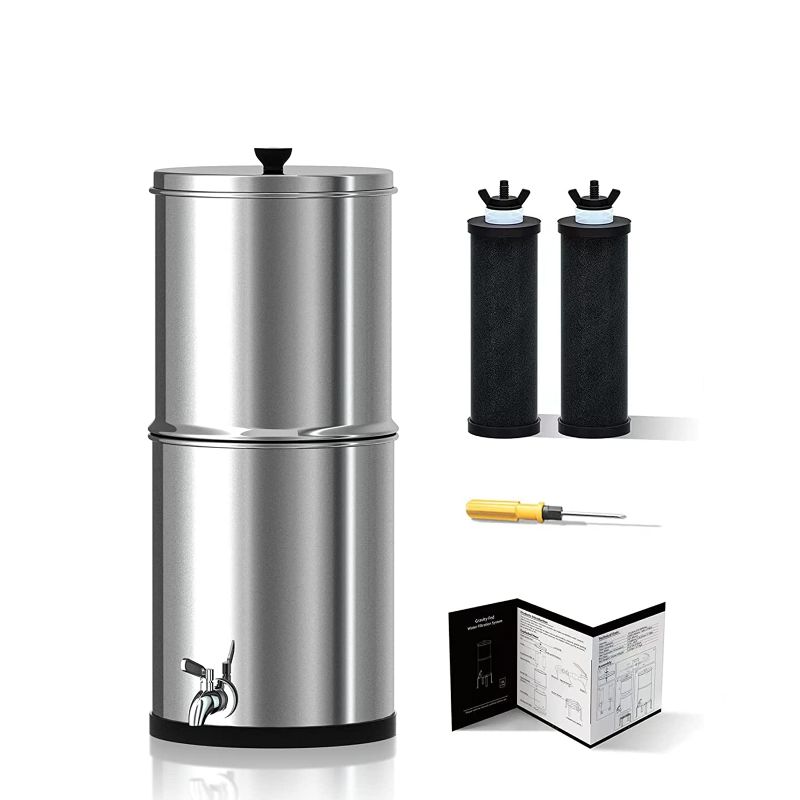 Photo 1 of Purewell Gravity-Fed Water Filter System, Small Capacity 1.5 Gallon Stainless Steel Countertop Filtration System with 2 Black Purification Elements for Home and Outdoor Use