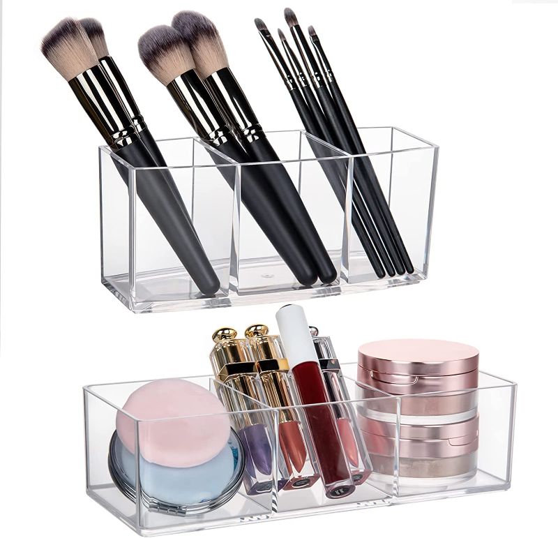 Photo 1 of ALIOBC Clear Acrylic Makeup Brush Holders,3-Compartment Vanity Organizer Stand and for Lipstick Eyeshadow Pen Desk Cosmetic Storage (2 Park