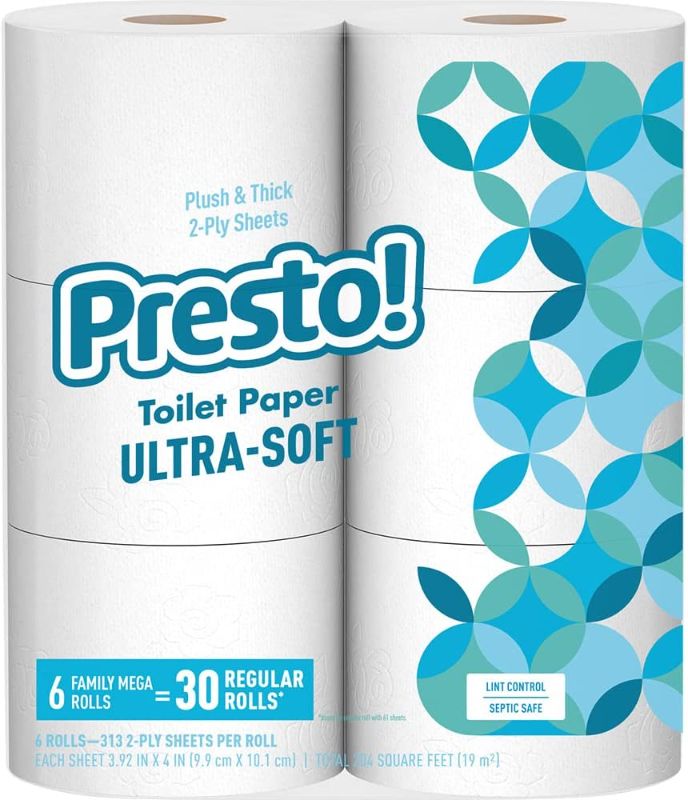 Photo 1 of Amazon Brand - Presto! 313-Sheet Mega Roll Toilet Paper, Ultra-Soft, 6 Count (Pack of 1), 6 Family Mega Rolls = 30 Regular Rolls (Packaging may vary)
