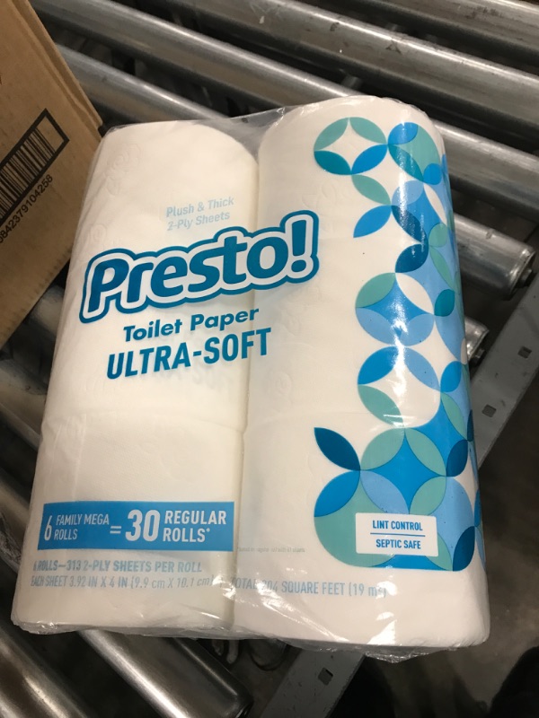 Photo 2 of Amazon Brand - Presto! 313-Sheet Mega Roll Toilet Paper, Ultra-Soft, 6 Count (Pack of 1), 6 Family Mega Rolls = 30 Regular Rolls (Packaging may vary)
