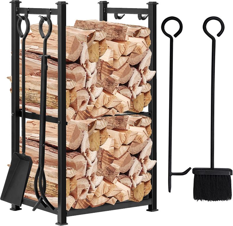 Photo 1 of Amagabeli Firewood Rack Indoor/Outdoor Fireplace Tool Set Log Holder with 4 Tool,Black Wrought Iron, 13.5"Lx3.5"x30'
