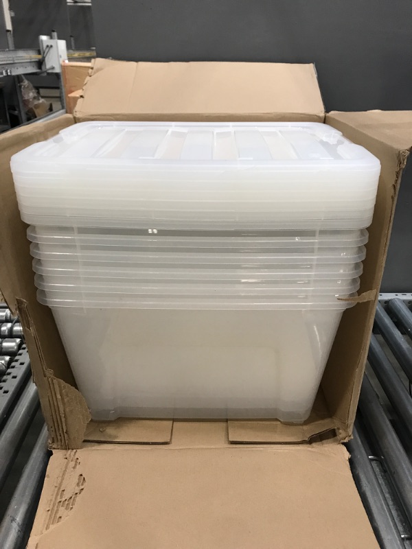 Photo 2 of (USED) IRIS USA 53 Qt. Plastic Storage Bin Tote Organizing Container with Durable Lid and Secure Latching Buckles, Stackable and Nestable, 6 Pack, clear with Black Buckle f) 53 Qt. - 6 Pack