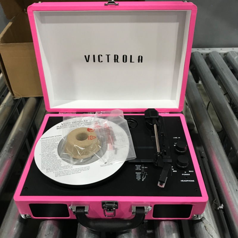 Photo 3 of Victrola Vintage 3-Speed Bluetooth Portable Suitcase Record Player with Built-in Speakers | Upgraded Turntable Audio Sound | Pink, 1SFA (VSC-550BT-PNK)