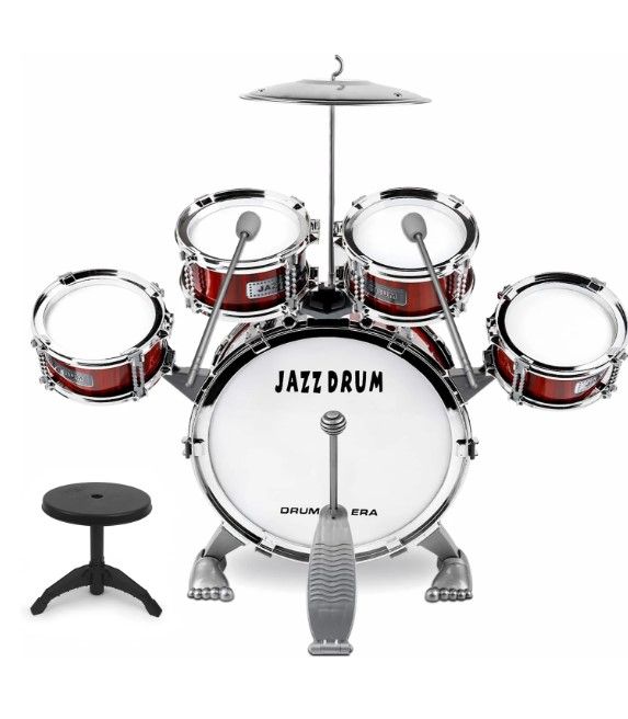 Photo 1 of  Toddler Drum Kit Kids Toy Jazz Drum Set 5 Drums with Stool Mini Band Rock Set Musical Instruments Toy Birthday Gift for Beginners Boys Girls, Red