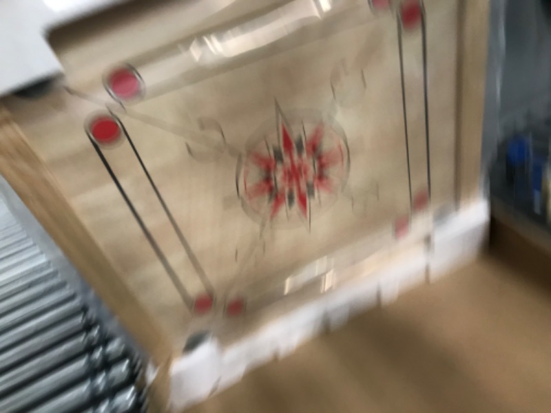 Photo 3 of Carrom Board Game - Wooden Strike and Pocket Game Set with Group of Black and Beige Coins, 2 Red Queen Coins, Striker Coin, and Cue Sticks by Hey Play