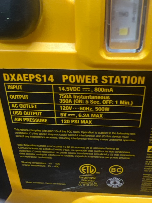 Photo 3 of DEWALT DXAEPS14 1600 Peak Battery Amp 12V Automotive Jump Starter/Power Station with 500 Watt AC Power Inverter, 120 PSI Digital Compressor, and USB Power , Yellow