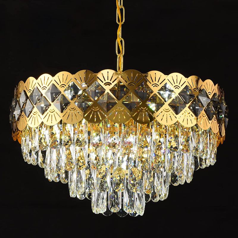 Photo 1 of JKLX Classic Empire Style Gold Modern Crystal Chandeliers, 8 Lights 19.29 Inch Round Flush Mount Ceiling Light Fixture Pendant Lighting for Dining Room Living Room Study Villa Hotel Foyer
