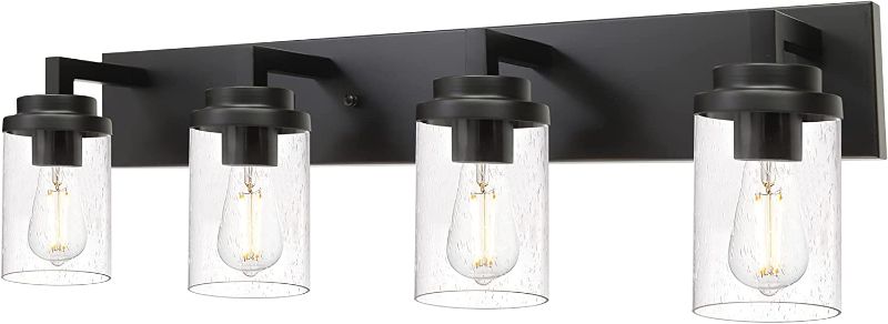 Photo 1 of MELUCEE Bathroom Vanity Light, 4-Light Modern Wall Mount Light Fixture Black, Farmhouse Bath Lighting Over Mirror with Seeded Glass Shade for Powder Room Living Room Kitchen, 31.0 Inches Length
