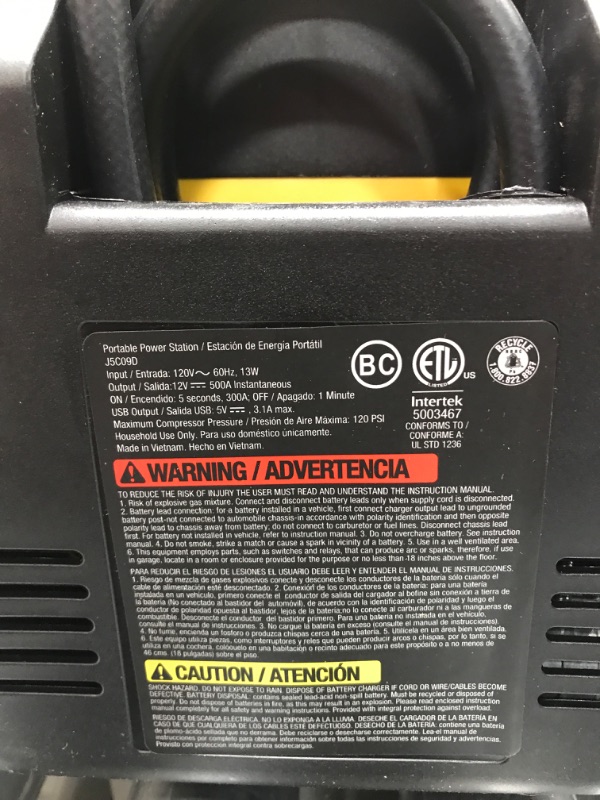 Photo 2 of STANLEY J5C09D Digital Portable Power Station Jump Starter: 1200 Peak/600 Instant Amps, 120 PSI Air Compressor, 3.1A USB Ports, Battery Clamps