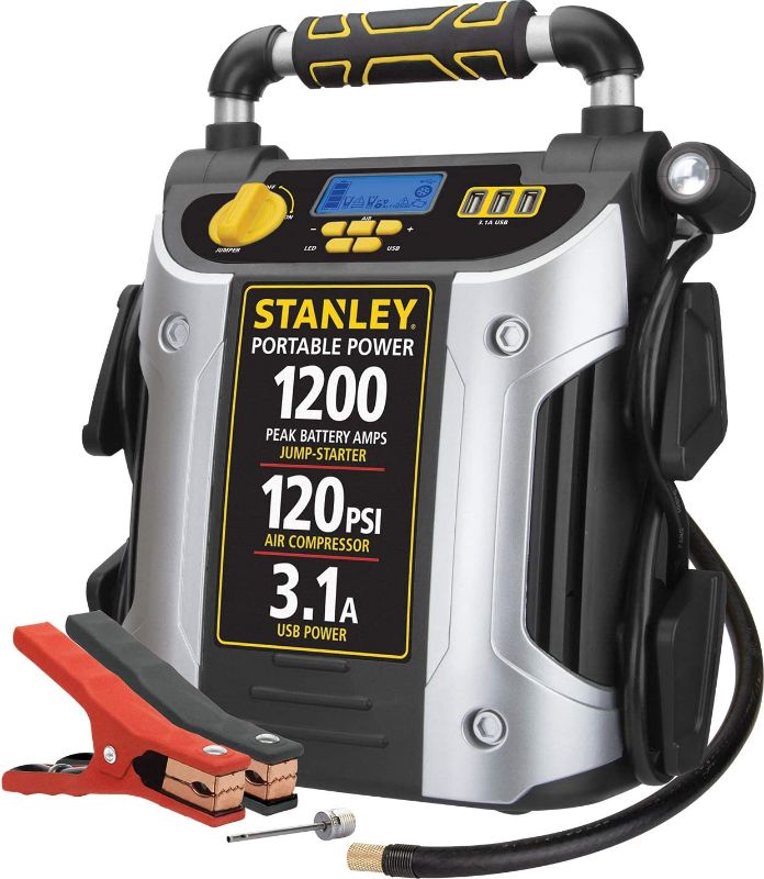 Photo 1 of STANLEY J5C09D Digital Portable Power Station Jump Starter: 1200 Peak/600 Instant Amps, 120 PSI Air Compressor, 3.1A USB Ports, Battery Clamps