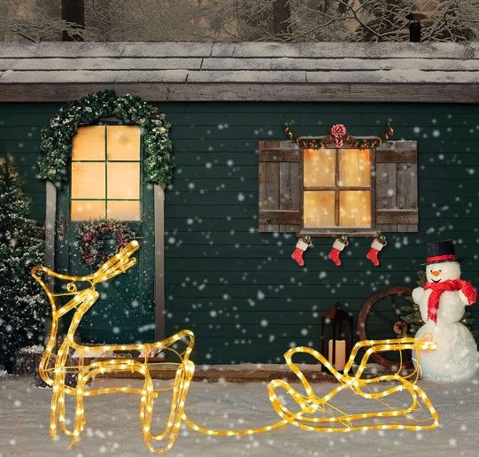 Photo 1 of *TESTED* Reindeer Sleigh Lights Outdoor Christmas Decoration, 192 LED 3D Reindeer with Santa' Sleigh Mains Powered, 2700K Warm White Christmas Deer Sled Display Lights for Yard Lawn Porch Patio Decor
