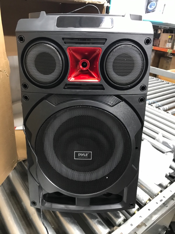 Photo 6 of USED: Portable Bluetooth PA Speaker System - 800W 10” Rechargeable Speaker, TWS, Party Light, LED Display, FM/AUX/MP3/USB/SD, Wheels - Wireless Mic, Remote Control, Tablet Holder Included - Pyle PHP210DJT Speaker System 800W 27.8 x 16.2 x 15.8 inches
