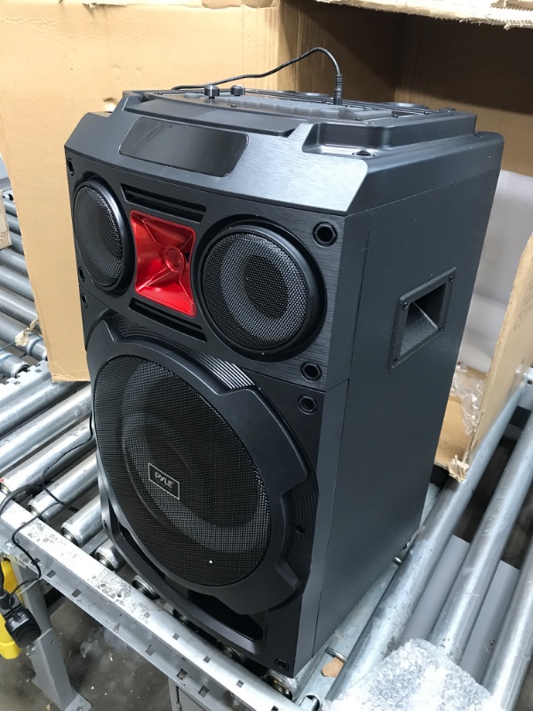 Photo 2 of USED: Portable Bluetooth PA Speaker System - 800W 10” Rechargeable Speaker, TWS, Party Light, LED Display, FM/AUX/MP3/USB/SD, Wheels - Wireless Mic, Remote Control, Tablet Holder Included - Pyle PHP210DJT Speaker System 800W 27.8 x 16.2 x 15.8 inches
