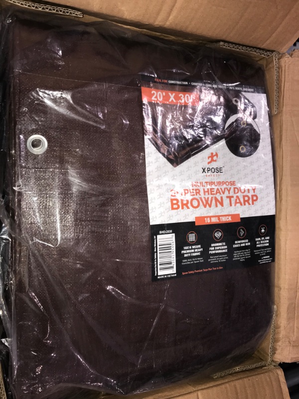 Photo 2 of 20' x 30' Super Heavy Duty 16 Mil Brown Poly Tarp Cover - Thick Waterproof, UV Resistant, Rip and Tear Proof Tarpaulin with Grommets and Reinforced Edges - by Xpose Safety