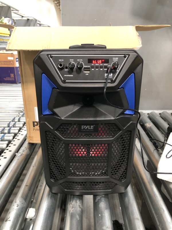 Photo 2 of Portable Bluetooth PA Speaker System - 400W Outdoor Bluetooth Speaker Portable PA System w/Microphone in, Party Lights, MP3/USB SD Card Reader, FM Radio, Rolling Wheels - Mic, Remote - Pyle PPHP82SM