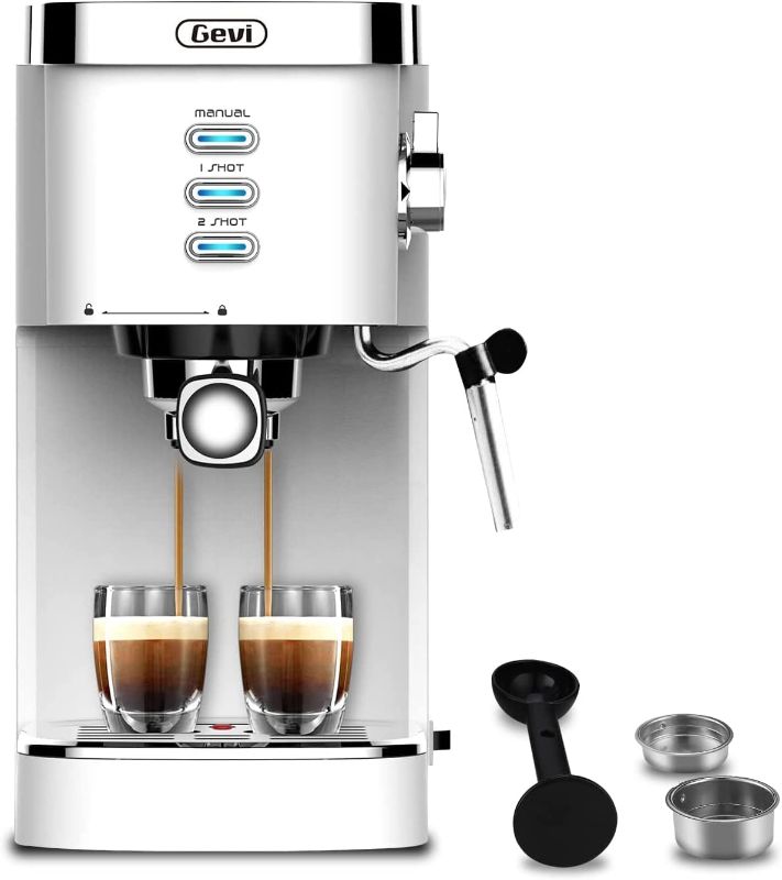 Photo 1 of *Tested* Gevi Espresso Machines 20 Bar Fast Heating Automatic Cappuccino Coffee Maker with Foaming Milk Frother Wand for Espresso, Latte Macchiato, 1.2L Removable Water Tank, 1350W, White
