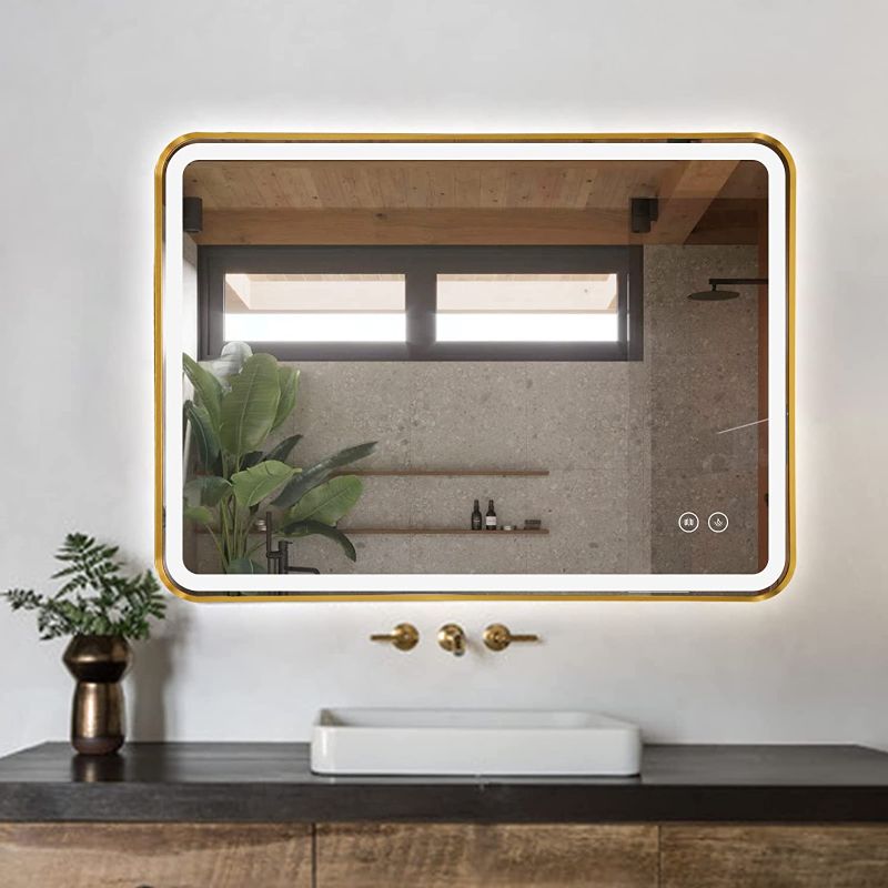 Photo 1 of TheiaMo LED Rectangle Mirror, 30x22 Inch Double Touch Dimmable Bathroom Mirror, Wall Mounted Vanity Mirror with 45° Beveled Metal Frame, Anti-Fog Waterproof 3 Color Temperature Smart Mirror, Gold
