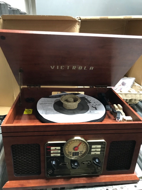 Photo 2 of PARTS ONLY Victrola Nostalgic 6-in-1 Bluetooth Record Player & Multimedia Center with Built-in Speakers - 3-Speed Turntable, CD & Cassette Player, FM Radio | Wireless Music Streaming | Mahogany Mahogany Entertainment Center