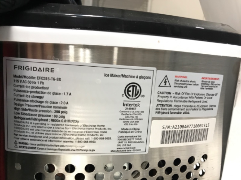 Photo 5 of **PARTS ONLY!!! FRIGIDAIRE EFIC189-Silver Compact Ice Maker, 26 lb per Day, Silver (Packaging May Vary)