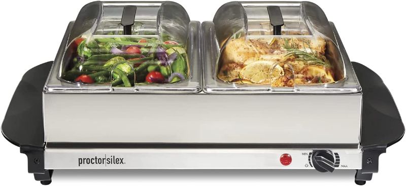 Photo 1 of Proctor-Silex Buffet Server & Food Warmer, Adjustable Heat, for Parties, Holidays and Entertaining, Two 2.5 Quart Oven-Safe Chafing Dish Set, Stainless Steel
