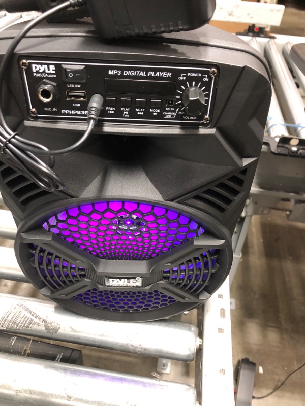 Photo 2 of Portable Bluetooth PA Speaker System - 300W Rechargeable Indoor/Outdoor Bluetooth Portable PA System w/ 8” Subwoofer 1” Tweeter, Microphone In, Party Lights, MP3/USB, Radio, Remote - Pyle PPHP836B