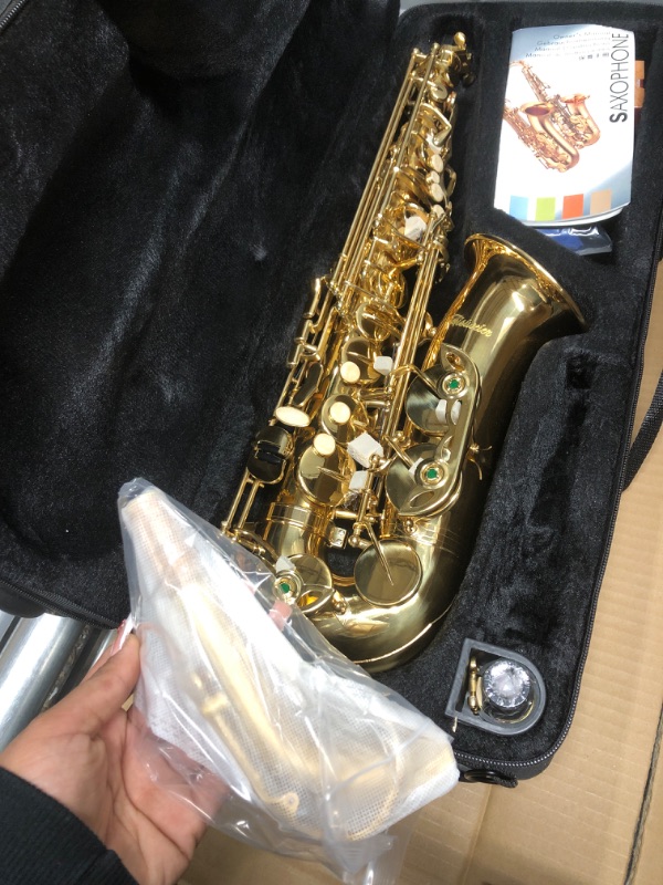 Photo 3 of Aisiweier Gold E Flat Alto Saxophone Brass Engraved Eb E-Flat Natural White Shell Button Wind Instrument with Case Belt Brush