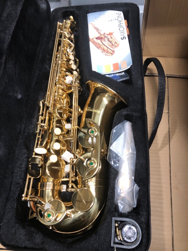 Photo 2 of Aisiweier Gold E Flat Alto Saxophone Brass Engraved Eb E-Flat Natural White Shell Button Wind Instrument with Case Belt Brush