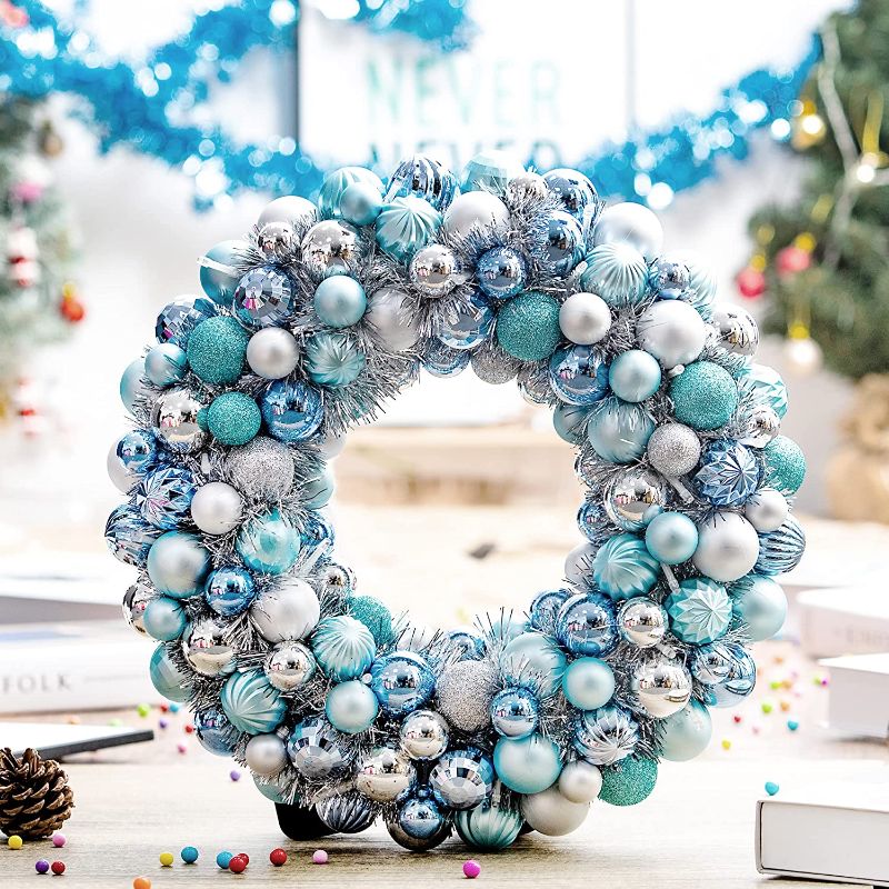 Photo 1 of 16inch LED Lighted Christmas Ball Wreath, Home Party Ball Ornaments Decors, Xmas Front Door Decoration with 20PCS LED Lights,Hanging Christmaswreaths for Party,New Year(Blue+Blue Green+Silver)
