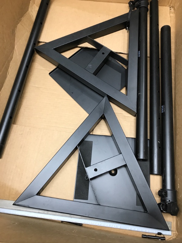 Photo 1 of assembled before 
damaged 
possibly missing parts 
Sonos Speaker Stand Pair of Sound - Play 1 and 3 Holder, Telescoping Height Adjustable from 26” - 52” Inch, High Heavy Duty Three-point Triangle Base w/ Floor Spikes and 9” Square Platform - Pyle