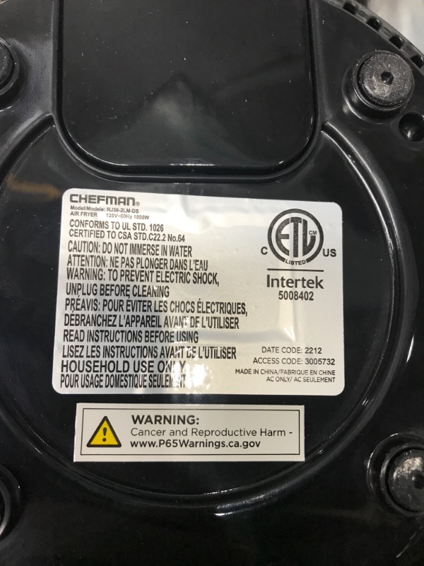 Photo 4 of *Tested-Powers on* CHEFMAN Small, Compact Air Fryer Healthy Cooking, 2 Qt, Nonstick, User Friendly and Adjustable Temperature Control w/ 60 Minute Timer & Auto Shutoff, Dishwasher Safe Basket, BPA - Free, Black Black - 2 Quart