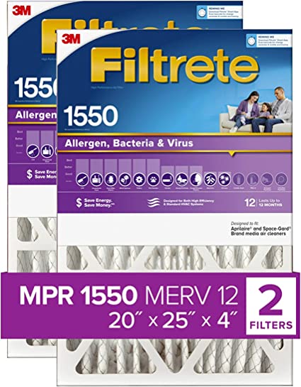Photo 1 of Filtrete 20x25x4 Furnace Air Filter MPR 1550 DP MERV 12 Slim Fit, Healthy Living Ultra Allergen Deep Pleat, 2-Pack, Fits Lennox & Honeywell Devices (exact dimensions 19.5 x 24.5 x 3.75)