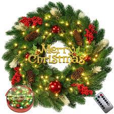 Photo 1 of 18 Inches Pre-Lit Artificial Christmas Wreath, Lighted Christmas Wreath for Front Door with Battery Operated 40 LED Lights, Decorated with Pine Cones, Berry Clusters, Xmas Collection
