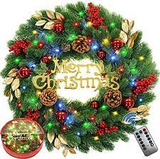 Photo 1 of 18 Inch Pre-Lit Artificial Christmas Wreath with Lights,Lighted Christmas Wreaths for Front Door with 40 LED Battery Operated 8 Modes Remote Control Timer,Indoor Outdoor Xmas Wreath Decorations
