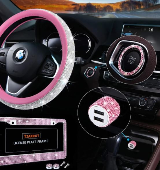 Photo 1 of *Not exact to Stock picture/See photos* Bling Car Accessories Set, Pink Bling Steering Wheel Cover for Women Universal Fit 15 Inch, Bling License Plate Frame for Women, Bling Car USB Charger(Fast Charging), Crystal Car Decor Set 4pcs (Pink)
