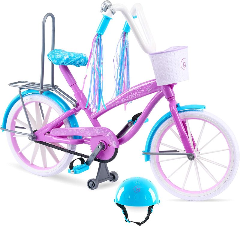 Photo 1 of Journey Girls Bike with Helmet, Streamers, Basket, and Wheels that Roll for 18-Inch Journey Girls Doll
