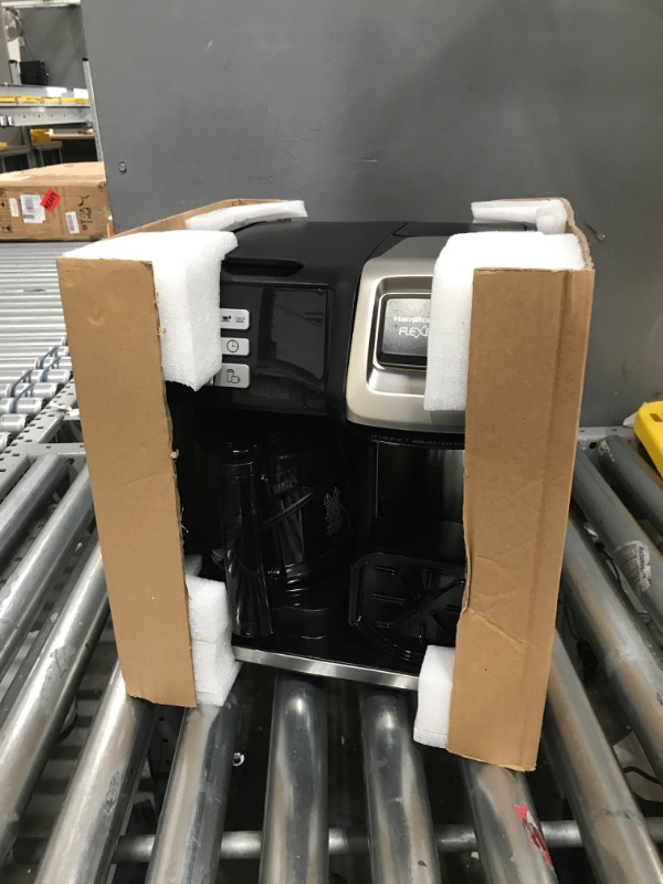 Photo 1 of Hamilton Beach FlexBrew Trio 2-Way Coffee Maker, Compatible with K-Cup Pods or Grounds, Combo, Single Serve & Full 12c Pot, Permanent Gold-Tone Filter, Black & Silver Permanent Gold-Tone Filter, Black & Silver Single Serve & Full 12c Pot Glass Carafe Coff