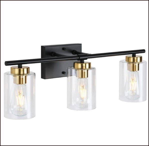 Photo 1 of 3 Light Modern Wall Light Fixtures, Black and Gold Bathroom Vanity Light Fixtures, Metal Sconces Wall Lighting with Clear Glass Shade, Farmhouse Wall Lamp for Bedroom Mirror Living Room Porch Hallway
