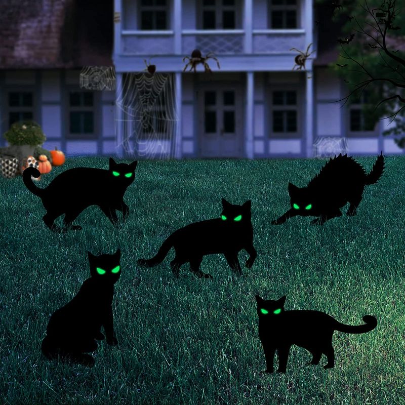 Photo 1 of 6 Pack Halloween Black Cat Yard Signs with Stakes Scary Silhouette Halloween Decorations for Outdoor Yard Lawn Garden Halloween Decor