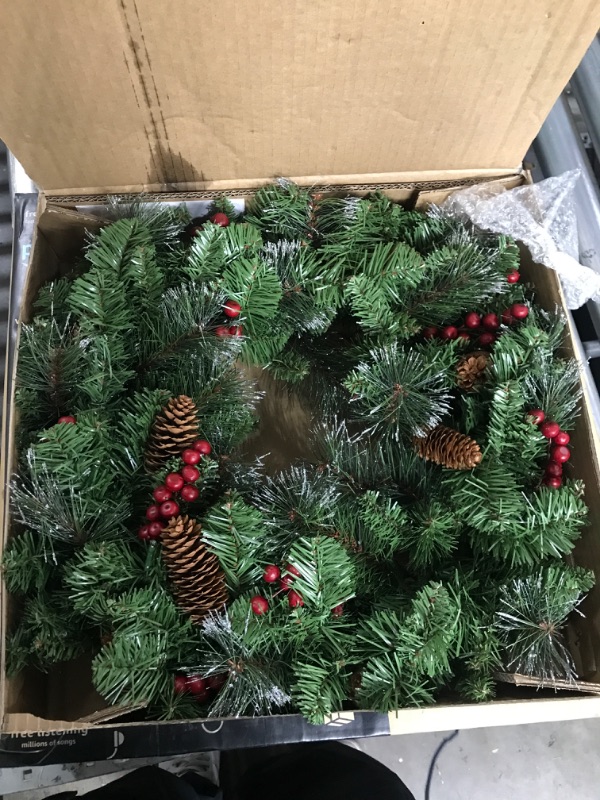 Photo 2 of National Tree Company Pre-Lit Artificial Christmas Wreath, Green, Crestwood Spruce, White Lights, Decorated with Pine Cones, Berry Clusters, Frosted Branches, Christmas Collection, 24 Inches Crestwood Spruce - 24 inch Battery Operated Wreath