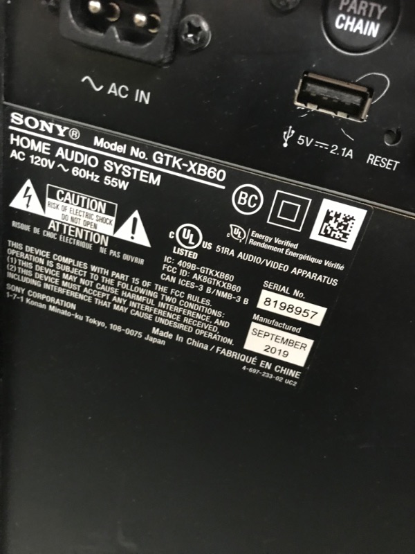 Photo 5 of *MISSING POWER CORD* Sony GTKXB60/B High Power Portable Wireless Bluetooth Speaker

